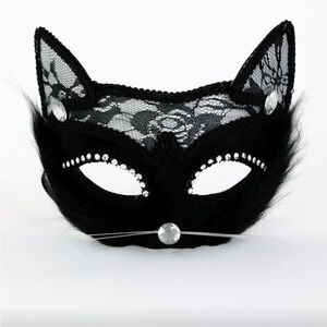 Black Cat Lace Mask with Rhinestones
